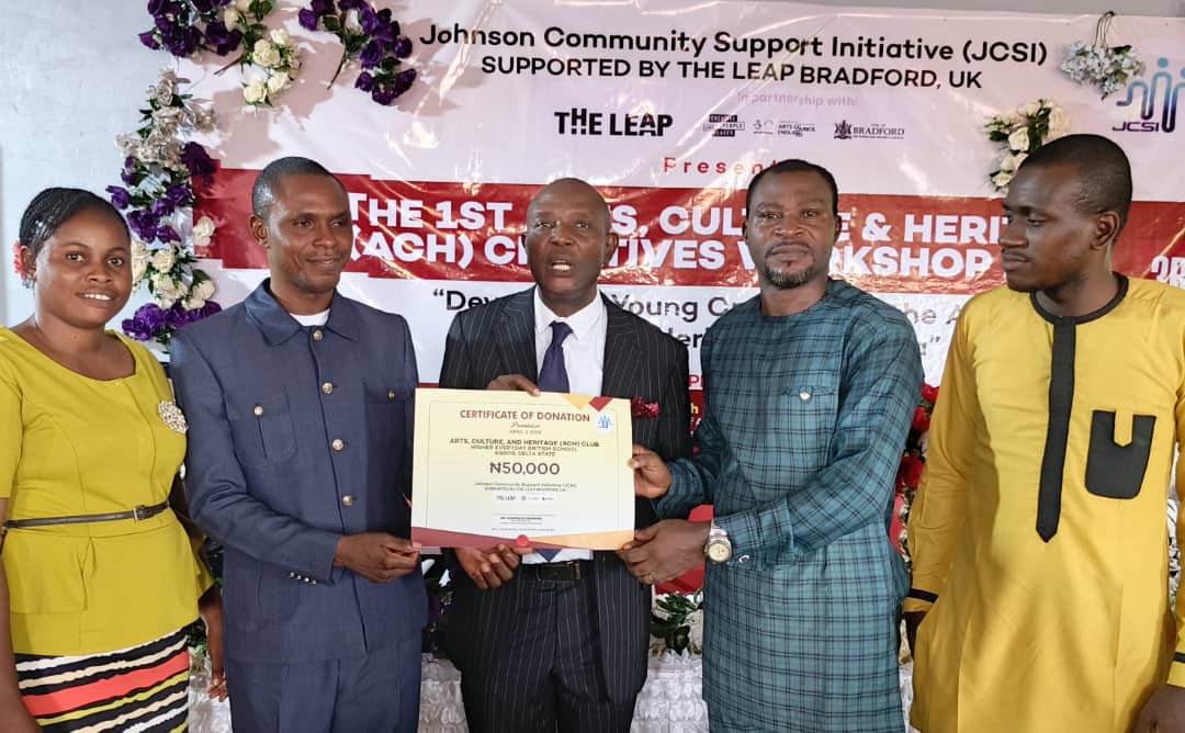 Johnson Community Support Initiative (JCSI), supported by The LEAP Bradford CIC, hosted its maiden Arts, Culture and Heritage (ACH) Creatives Workshop on April 3, 2025 at Higher Everyday British School (HEBS), Agbor, Delta State. Picture shows from left: Mrs. Faithful Imafidon, Administrator of HEBS, Dr. Raymond Imafidon, Proprietor/Director of HEBS, Mr. Frederick Apeji, Country Event Partner of the workshop, Pastor Mike Okoh, Lecturer in the Arts Department, University of Delta Agbor, Delta State, and Mr. Emmanuel Salihu, Chief of Staff at HEBS. At the occasion, JCSI presented a cheque of N50,000 in support of the students-led ACH Creatives Club of the school.